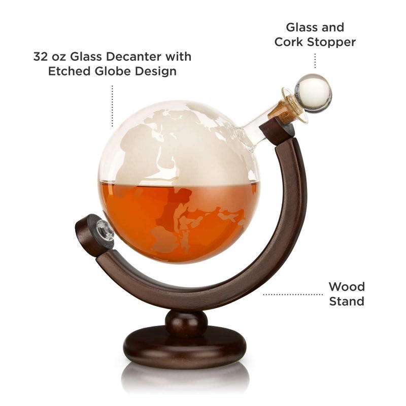 Viski Globe Whiskey Decanter with Wooden Stand and Cork Stopper, Stylish Liquor Decanter for Bourbon, Scotch, Spirits, Wedding Gifts, Man Cave Essentials, Home Bar, 32 oz (946 ml) - Image 2